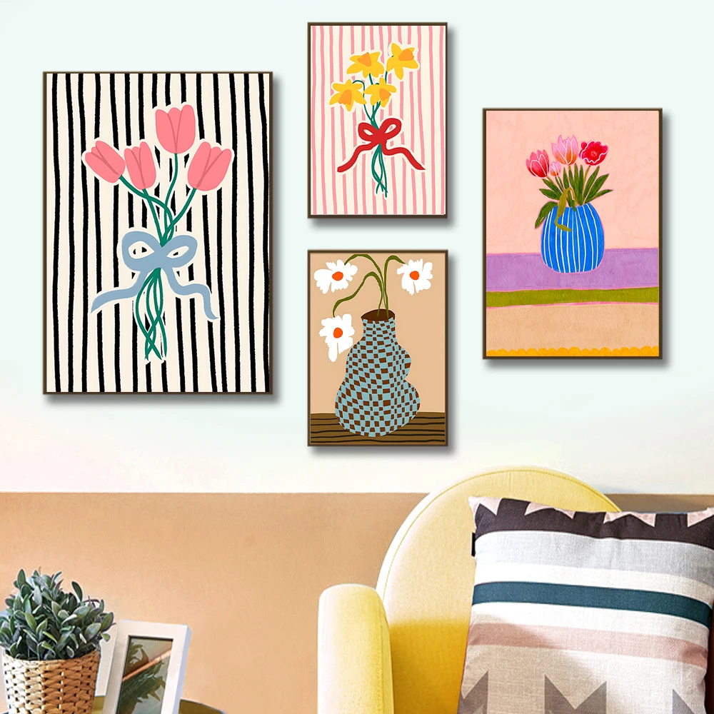 Home Decor Vase With Flowers - 빈티지 식물 포스터 줄무늬 꽃병 꽃