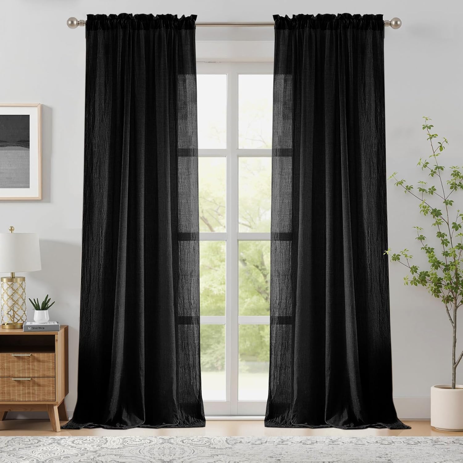 Home Decor Window Blinds - 침실 거실용 블랙 시어 커튼, 내추럴