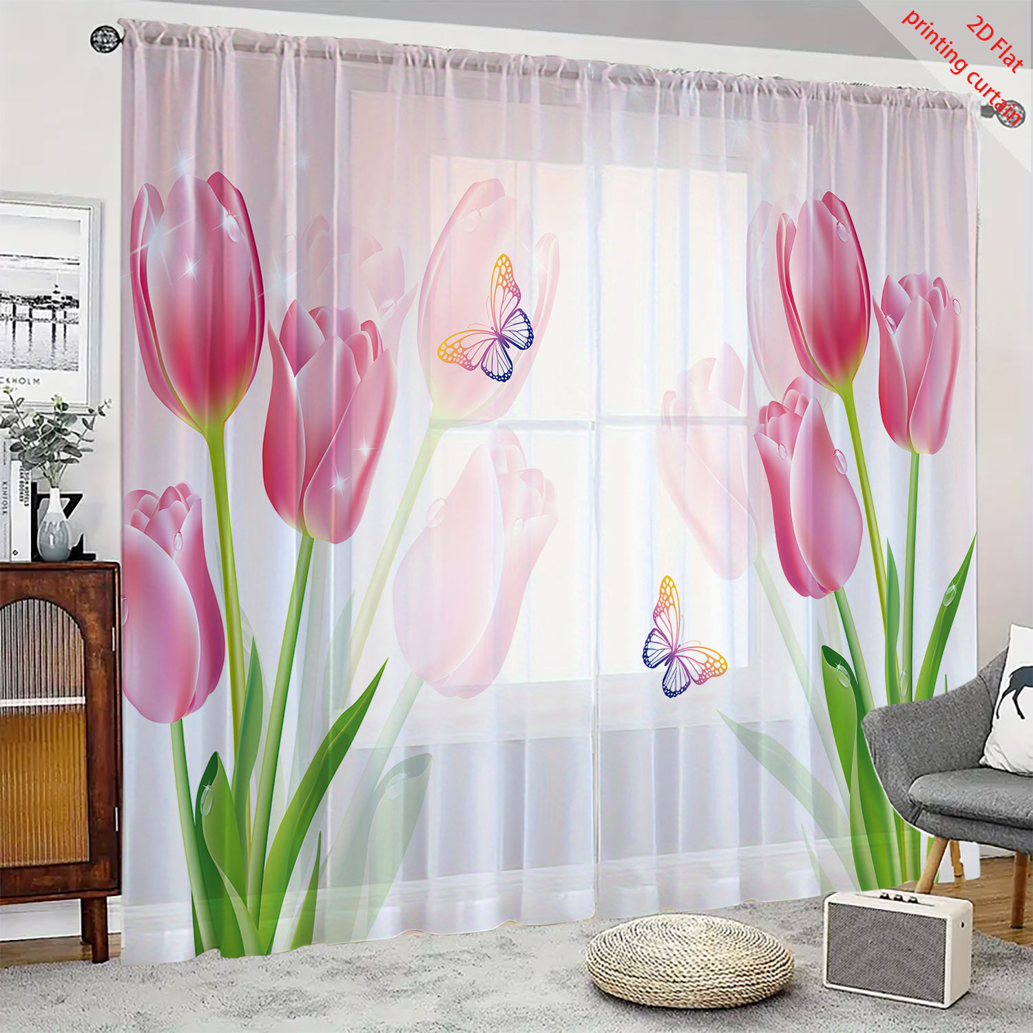 Home Decor Tulip - 핑크 튤립 프린트 투명 거즈 커튼,