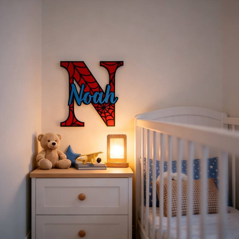 Wooden Letter Sign - 맞춤형 스파이더웹 이름 걸이 장식, 나무